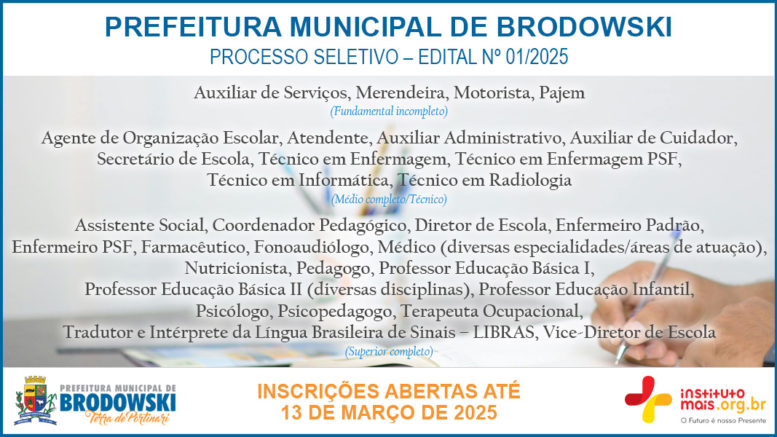 Processo Seletivo 01/2025 da Prefeitura de Brodowski / Realização: Instituto Mais / Imagem: Divulgação