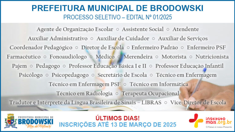 Processo Seletivo 01/2025 da Prefeitura de Brodowski / Realização: Instituto Mais / Imagem: Divulgação
