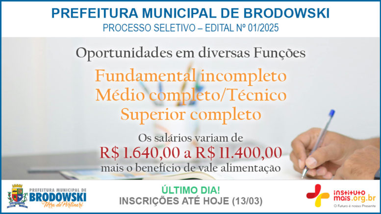 Processo Seletivo 01/2025 da Prefeitura de Brodowski / Realização: Instituto Mais / Imagem: Divulgação