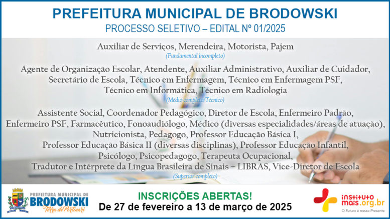 Processo Seletivo 01/2025 da Prefeitura de Brodowski / Realização: Instituto Mais / Imagem: Divulgação