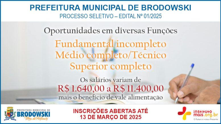 Processo Seletivo 01/2025 da Prefeitura de Brodowski / Realização: Instituto Mais / Imagem: Divulgação