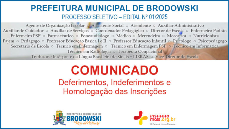 Processo Seletivo 01/2025 da Prefeitura de Brodowski / Realização: Instituto Mais / Imagem: Divulgação