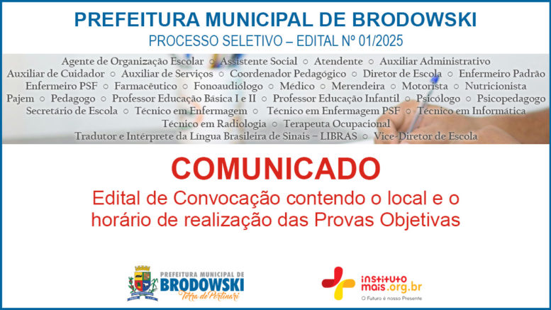 Processo Seletivo 01/2025 da Prefeitura de Brodowski / Realização: Instituto Mais / Imagem: Divulgação