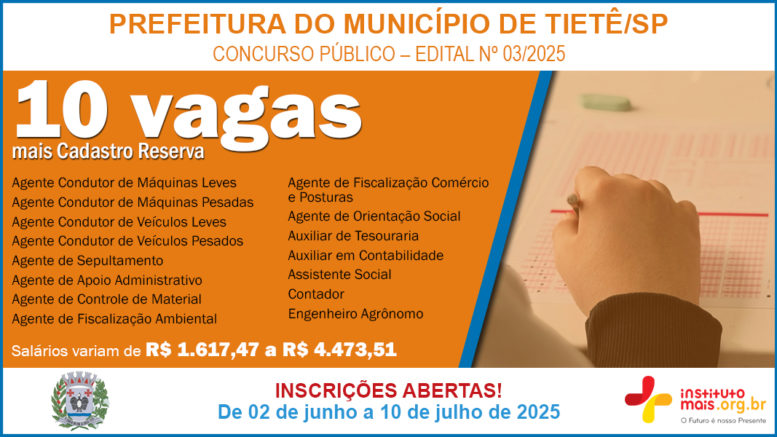 Concurso Público 03/2025 da Prefeitura de Tietê / Realização: Instituto Mais / Imagem: Divulgação