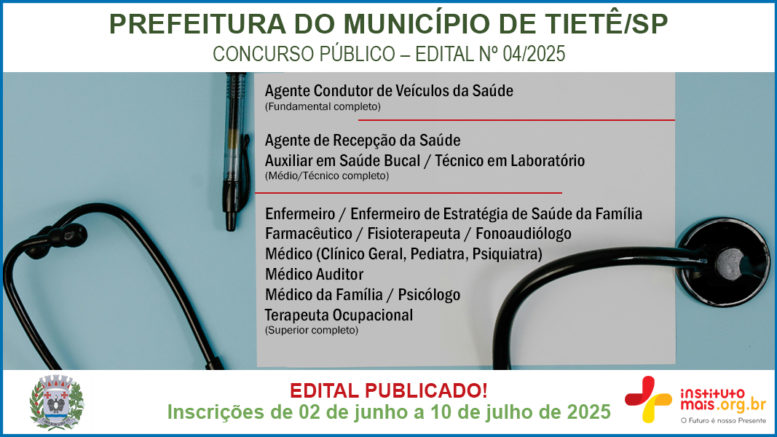 Concurso Público 04/2025 da Prefeitura de Tietê / Realização: Instituto Mais / Imagem: Divulgação