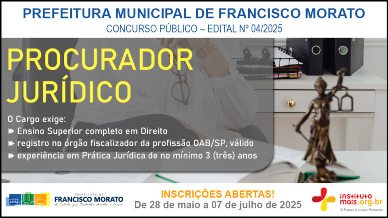 Concurso Público 04/2025 da Prefeitura de Francisco Morato / Realização: Instituto Mais / Imagem: Divulgação