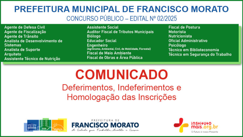Concurso Público 02/2025 da Prefeitura de Francisco Morato / Realização: Instituto Mais / Imagem: Divulgação