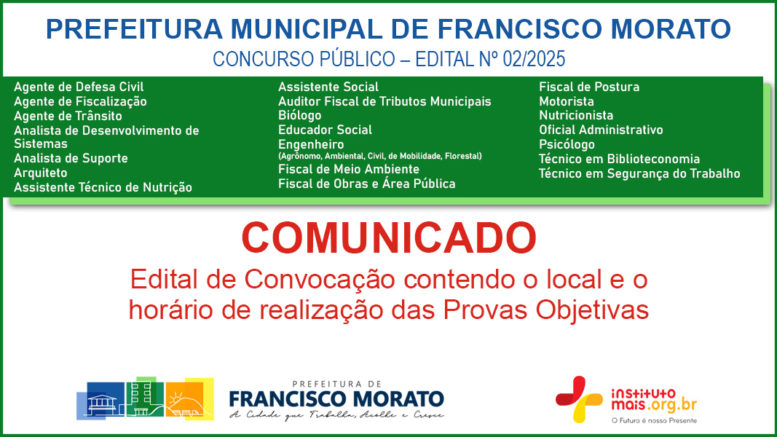 Concurso Público 02/2025 da Prefeitura de Francisco Morato / Realização: Instituto Mais / Imagem: Divulgação